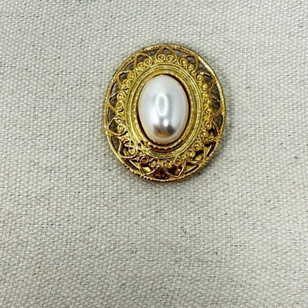 Vintage Scarf Pin Oval Imitation‎ Pearl Gold-Tone Classic Old Money Retro